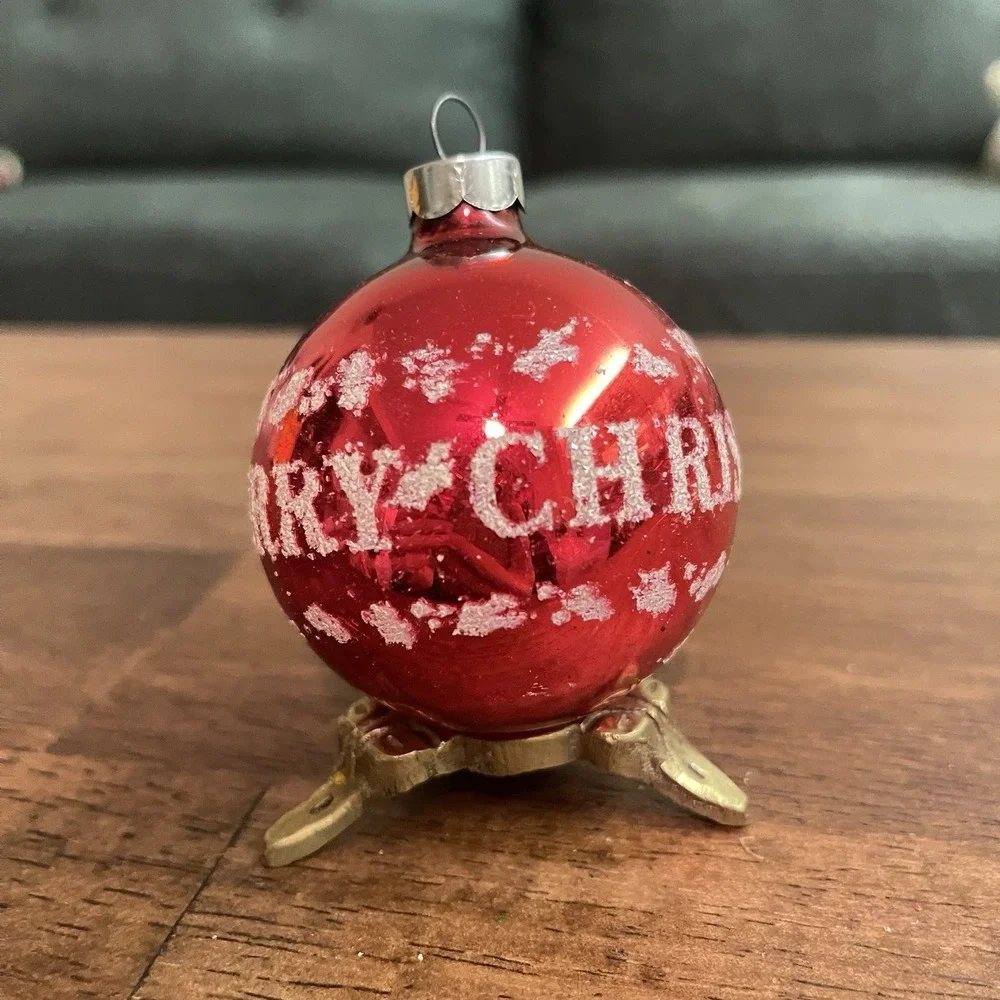 Vtg 1960 Shiny Brite Mercury Glass Merry Christmas Stencil Red Ornament 2.5